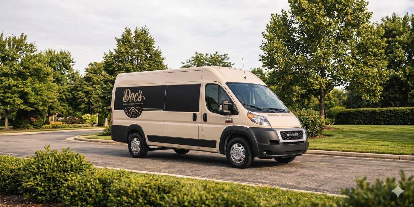 Doc's Executive Cuts mobile barber van, parked and ready for a house call