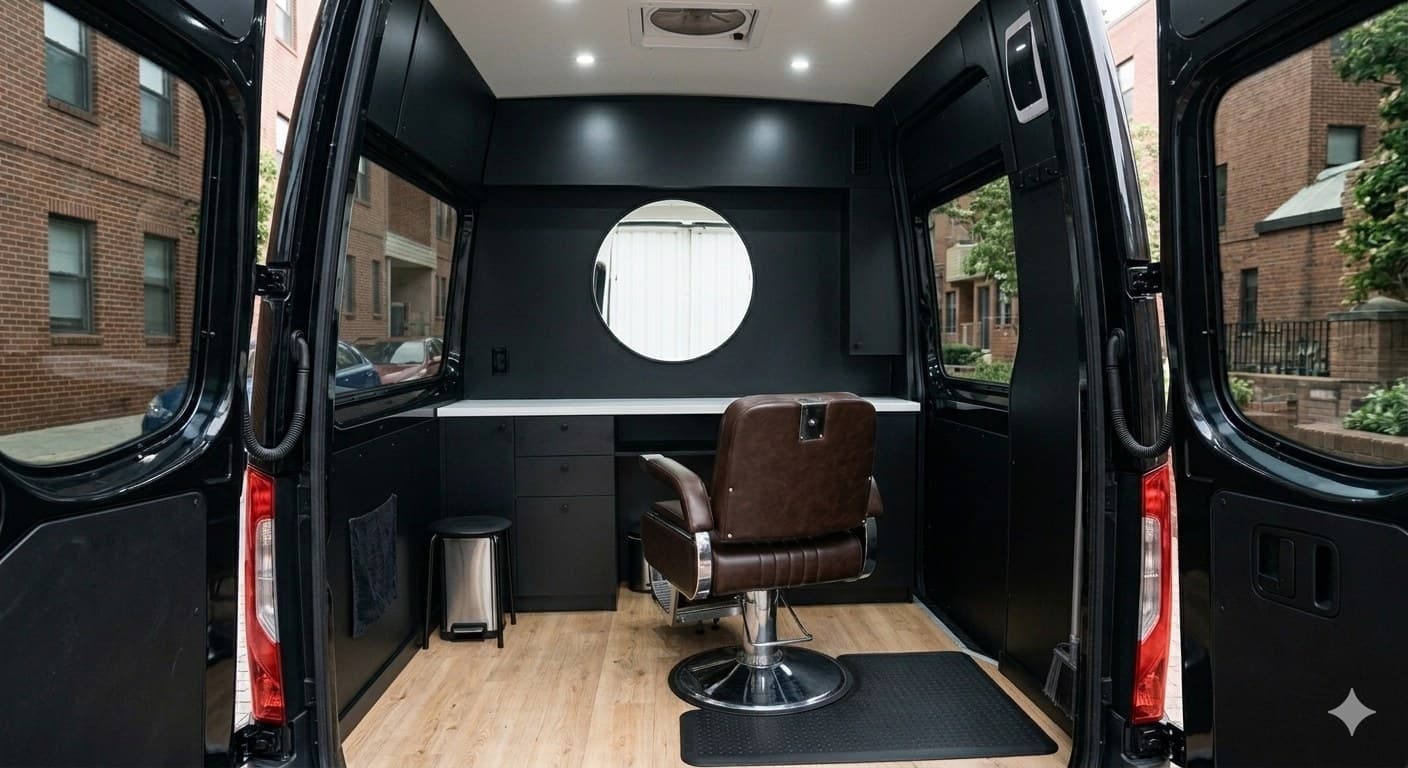 Interior of Doc's Executive Cuts mobile barber van, featuring a professional leather styling chair